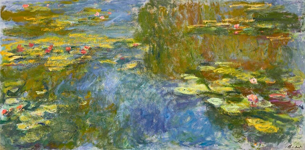 Claude Monet's Le bassin aux nympheas (1917-1919), the two-meter-wide water-lily pond panorama with willow reflections that sold at auction on November 9, 2023 for $74 million
