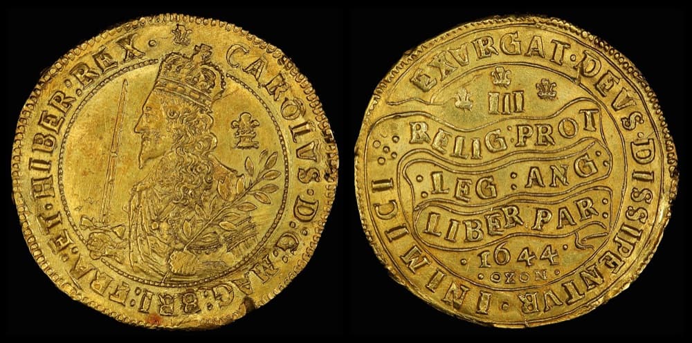 1644 Oxford triple unite of Charles I, obverse and reverse — the Declaration reverse dated 1644 with OXON below — the Smithsonian National Numismatic Collection's example, not the ex-Virgil Brand specimen the FLOAT constituent is priced on.