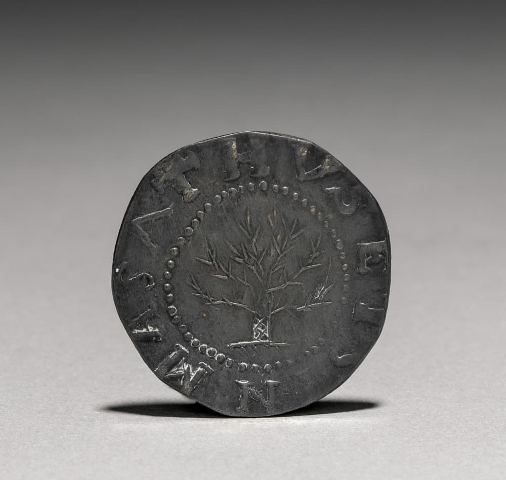 1652 Massachusetts Oak Tree shilling obverse with IN at the bottom of the legend — the Cleveland Museum of Art's example of the same issue; the tracked Noe-4 PCGS MS65 specimen is a different coin