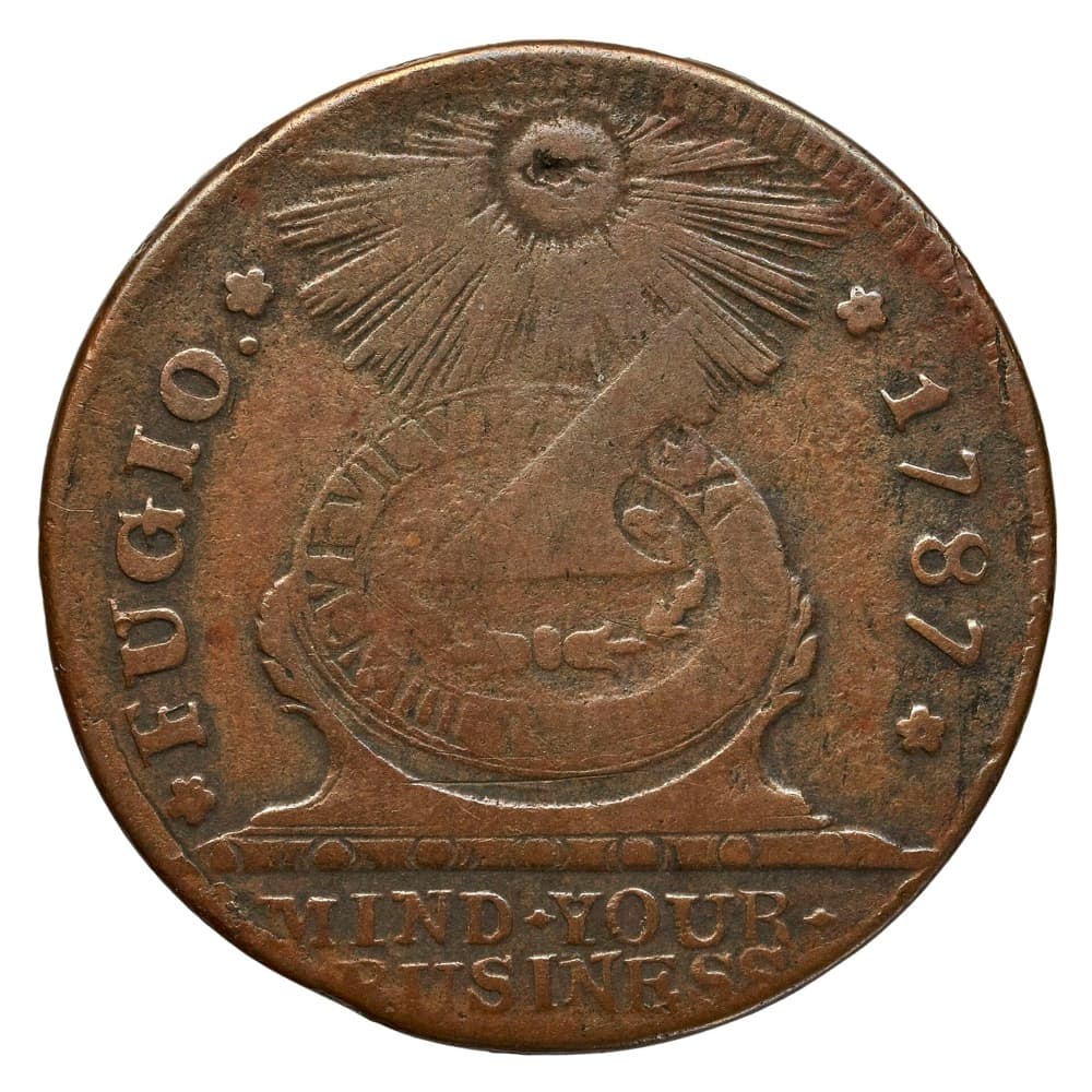 1787 Fugio cent, sundial side with FUGIO, 1787, four cinquefoils and pointed rays — the Bibliothèque nationale de France's example of the same issue; the tracked Newman 12-X MS66 Brown specimen is a different coin