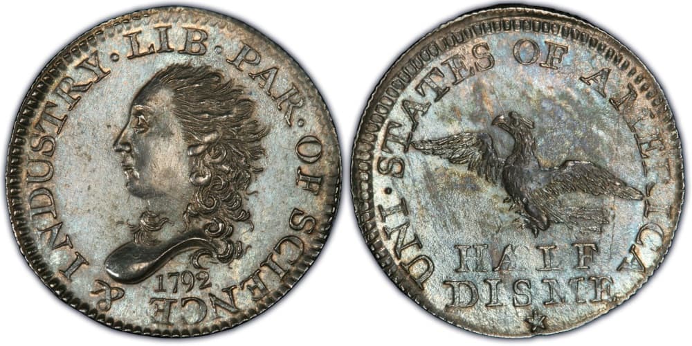 A 1792 half disme (Judd-7), obverse and reverse. Issue-level image; the pictured specimen is unidentified, and the FLOAT constituent is priced on the Starr specimen.