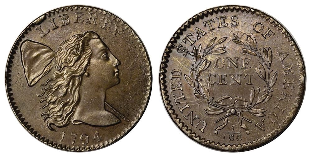 1794 Liberty Cap large cent, Sheldon-32 'Venus Marina' — a Head of 1794 die variety — obverse and reverse of the example sold at auction Auctions in February 2008; the FLOAT constituent is priced on the Sheldon-22 PCGS MS63 Brown, a different Head of 1794 variety.
