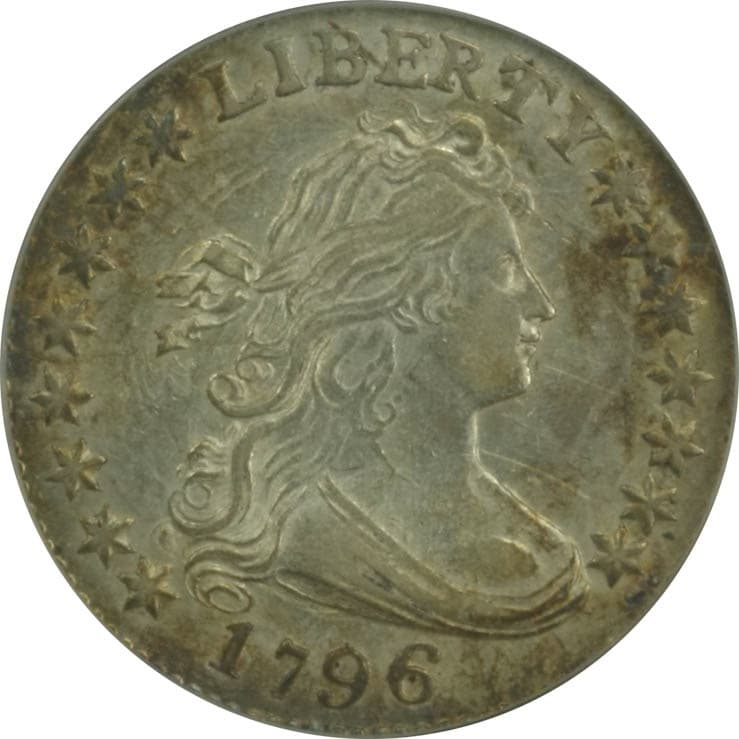 Obverse of a 1796 Draped Bust dime, the first year of the United States dime; pictured specimen unidentified (photographed by Lost Dutchman Rare Coins) — not the finest-known PCGS MS67 the FLOAT constituent is priced on.