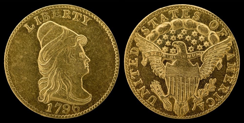 1796 No Stars quarter eagle, obverse and reverse — the Smithsonian's example of the same issue; the tracked BD-2 NGC MS63 specimen is a different coin
