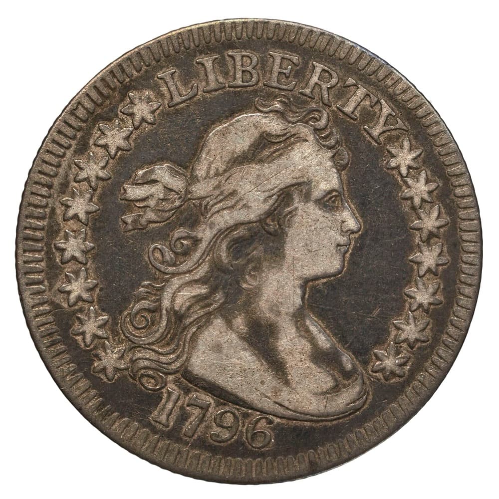 1796 Draped Bust quarter dollar obverse, dated 1796 — the Bibliothèque nationale de France's example of the same issue; the tracked B-1 PCGS MS61 Frost Collection specimen is a different coin
