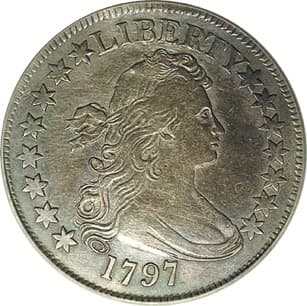 Obverse of a 1797 Draped Bust, Small Eagle half dollar; pictured specimen unidentified. The FLOAT constituent is priced on the NGC AU55 example sold in June 2018.