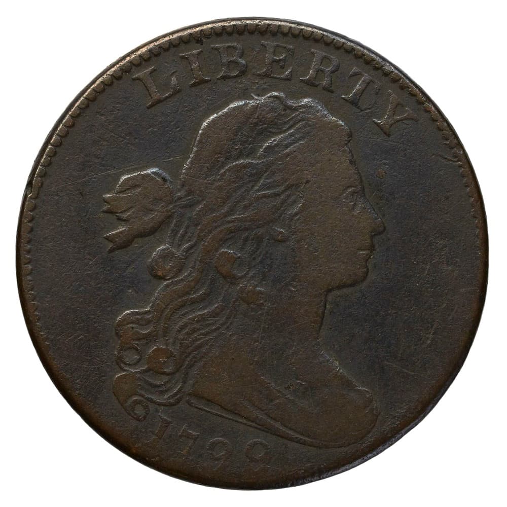 1799 Draped Bust large cent obverse, dated 1799 — the Bibliothèque nationale de France's example of the same key date; the tracked Sheldon-188 NGC AU Details specimen is a different coin