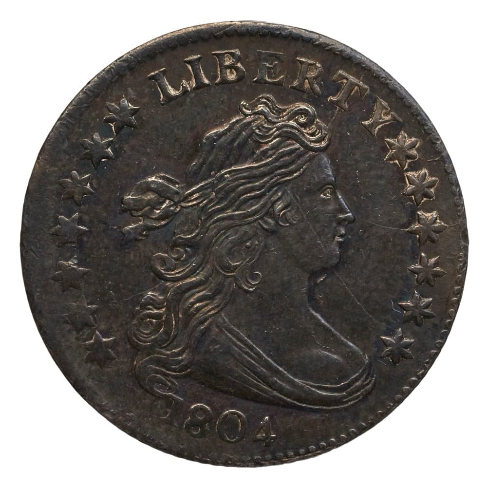 Obverse of an 1804 Draped Bust dime — the Bibliothèque nationale de France's example (Vattemare collection). The BnF does not state its reverse star-count variety; the FLOAT constituent is priced on the 14-star-reverse NGC AU58 CAC, a different, specifically identified coin.