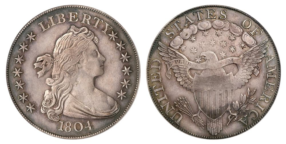 A Class III 1804 Draped Bust dollar, PCGS PR58, obverse and reverse — the example sold at auction Auctions in April 2009 for $2.3 million. The FLOAT constituent is priced on the Presidio Collection specimen; whether the pictured coin is that same example is not established by the source page.