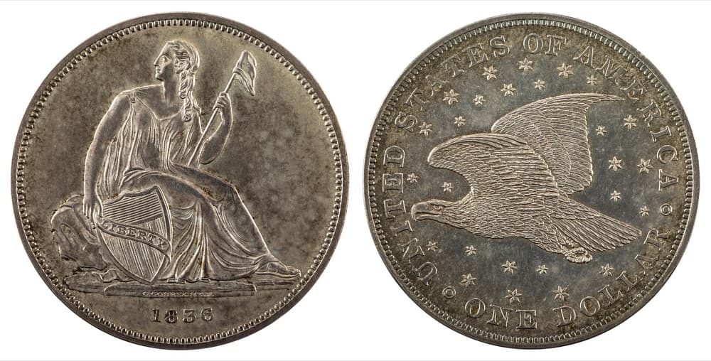 1836 Gobrecht dollar, No Stars obverse with C. GOBRECHT F. on the base and flying eagle amid stars reverse — the Smithsonian's example of the same issue; the tracked Judd-60 Original PCGS PR64 specimen is a different coin