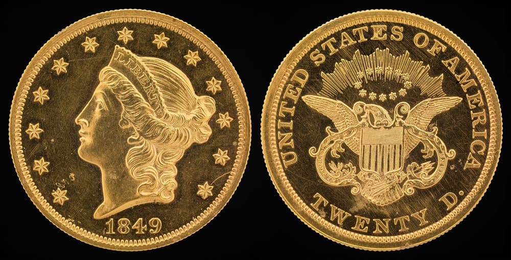 The unique 1849 Liberty Head double eagle pattern, obverse and reverse — this is the actual coin the constituent tracks, held in the Smithsonian's National Numismatic Collection