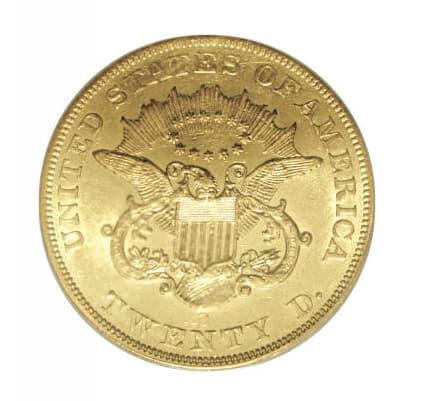 Reverse of an 1856-O Liberty Head double eagle, with the New Orleans mintmark above TWENTY D.; pictured specimen unidentified. The FLOAT constituent is priced on the PCGS AU58 example sold at auction Auctions in March 2025.