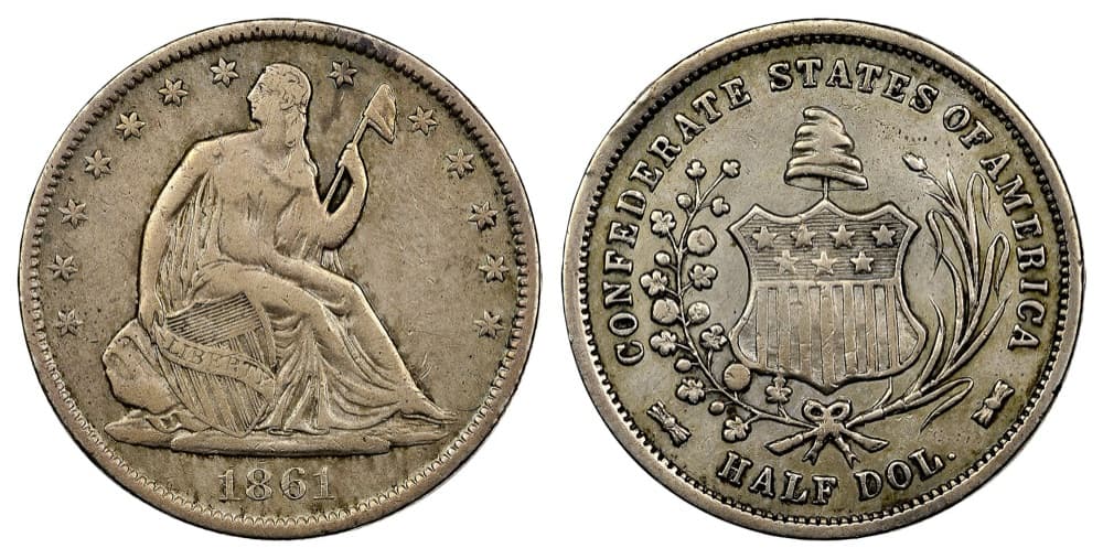 1861 Confederate States of America half dollar, Original, obverse and reverse — the example that belonged to CSA President Jefferson Davis, sold at auction Auctions in January 2015. The FLOAT constituent is priced on the NGC PR40 Original sold at auction in November 2017; only four originals were struck.