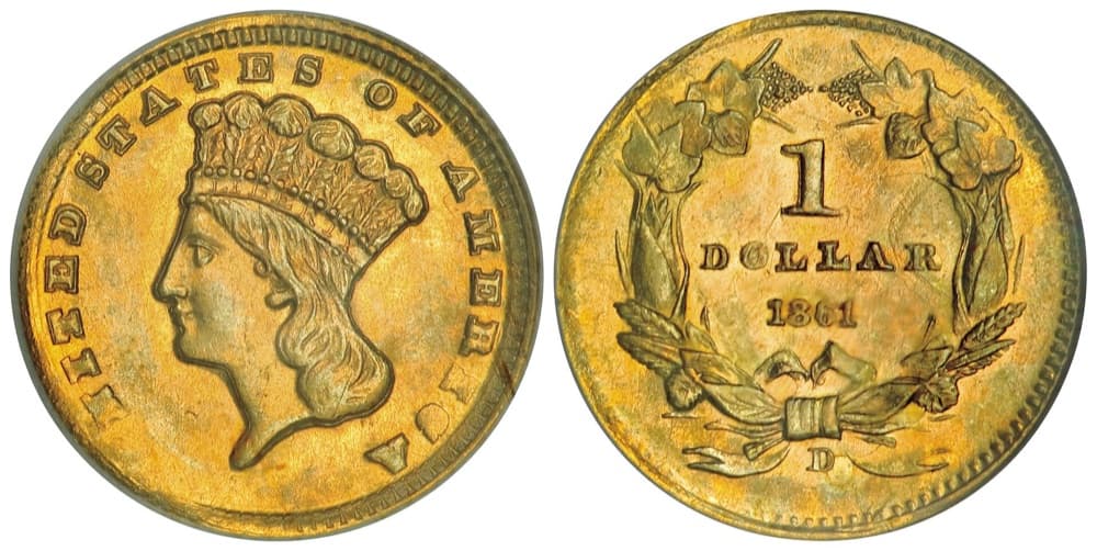 1861-D gold dollar, obverse and reverse with the D mintmark below the wreath bow — the example sold at auction Auctions in January 2008; the FLOAT constituent's pricing reflects PCGS AU55-AU58 examples. The 1861-D issue was struck at Dahlonega under Confederate authority.