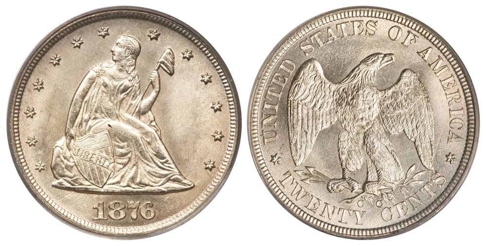 1876-CC twenty-cent piece, obverse and reverse with the CC mintmark below the eagle — the example sold at auction Auctions in April 2009, not necessarily the PCGS MS65 that realized $690,000 in August 2024, on which the FLOAT constituent is priced. Fewer than 20 survive.