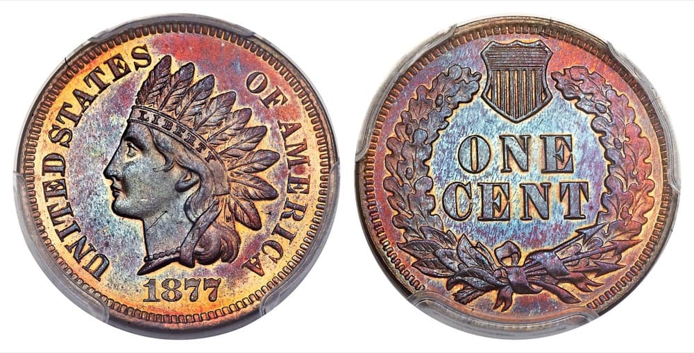 1877 Indian Head cent, obverse and reverse of a proof Red and Brown example — a proof striking of the same key date; the tracked business-strike PCGS MS66 Red specimen is a different coin