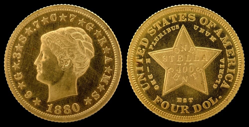 The Smithsonian Institution's National Numismatic Collection specimen of the 1880 Coiled Hair Stella four-dollar gold pattern, obverse and reverse. The FLOAT constituent is priced on the NGC PF67 CAC example; this is the Smithsonian's example of the same issue.