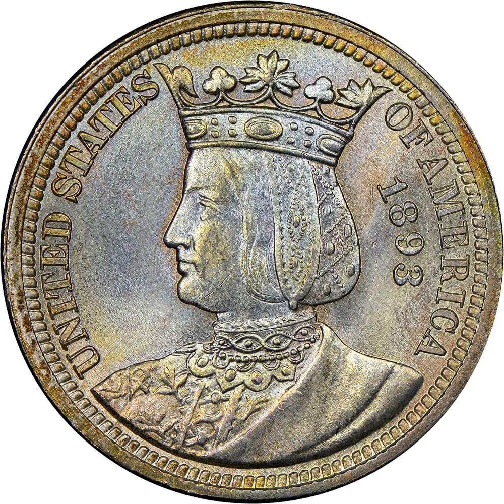 1893 Isabella quarter obverse with the crowned bust of Queen Isabella — another example of the same Columbian Exposition commemorative; the tracked PCGS MS65 Prooflike specimen is a different coin