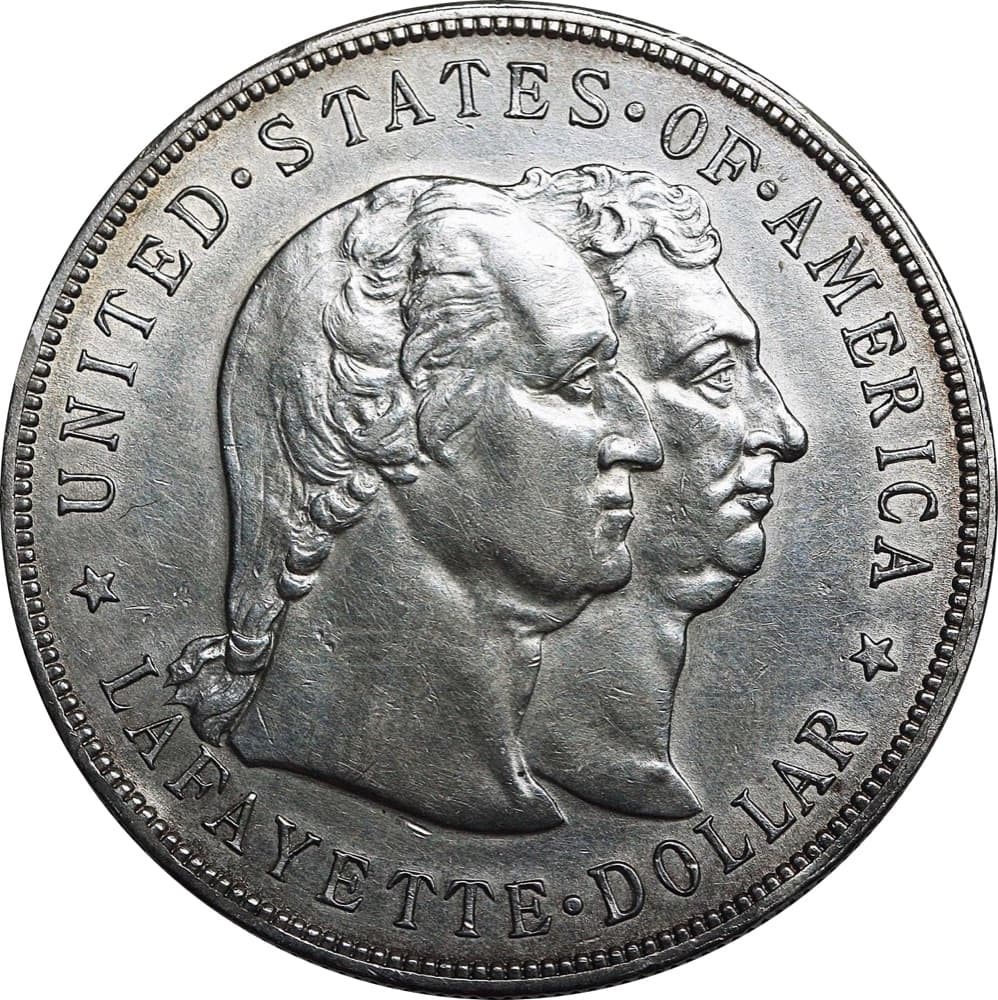 1900 Lafayette dollar obverse with the conjoined heads of Washington and Lafayette — another example of the same commemorative issue; the tracked PCGS MS65 specimen is a different coin