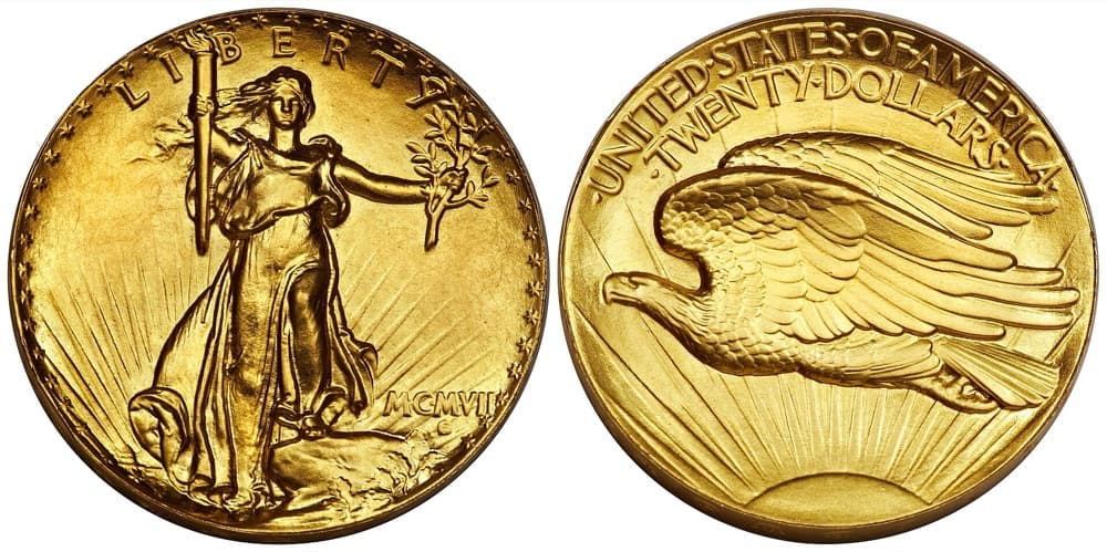 A 1907 Ultra High Relief double eagle with inverted edge letters, obverse and reverse — the example sold at auction Auctions in January 2015, graded PR68 by both NGC and PCGS, not the Eliasberg-Bass PR69 the FLOAT constituent is priced on.