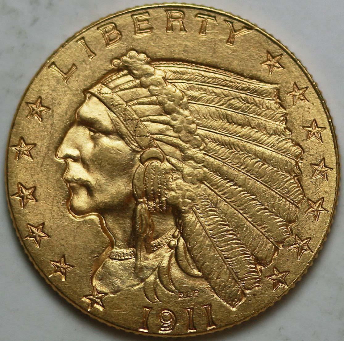 Obverse of a 1911-D Indian Head quarter eagle; pictured specimen unidentified (photographed by Lost Dutchman Rare Coins). The D mintmark sits on the reverse of this incuse design. The FLOAT constituent is priced on the PCGS MS66+ Strong D sold in January 2025.