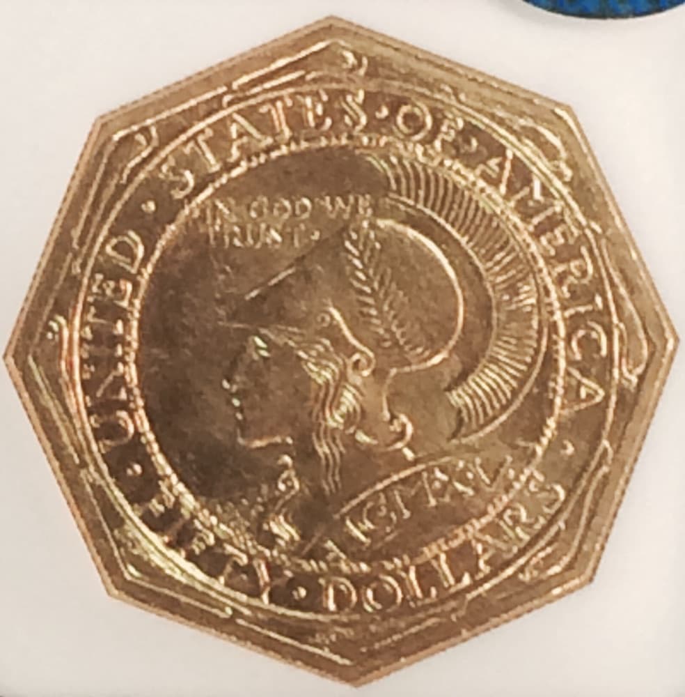 1915-S Panama-Pacific fifty-dollar gold commemorative, octagonal, obverse — another example of the same issue; the tracked PCGS MS64 specimen is a different coin