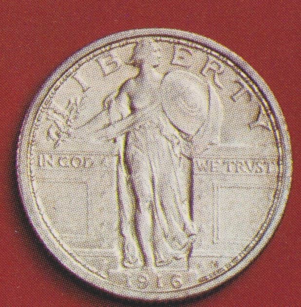 1916 Standing Liberty quarter, Type 1 obverse dated 1916, reproduced from a 1976 auction catalog — another example of the same first-year issue; the tracked PCGS MS Full Head specimen is a different coin