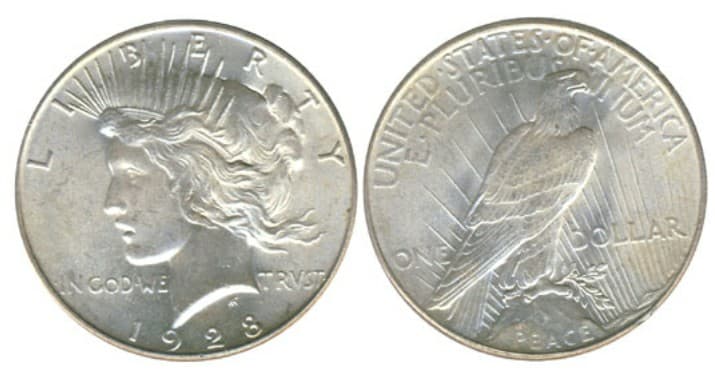 1928 Peace dollar, obverse and reverse; no mintmark appears on the reverse, identifying the key-date Philadelphia issue. Pictured specimen unidentified (United States Mint photograph); the FLOAT constituent is priced on the PCGS MS66 sold in September 2023.