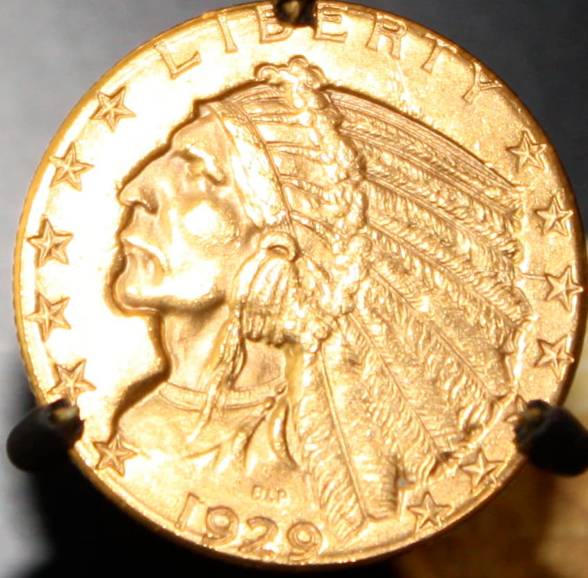 Obverse of a 1929 Indian Head half eagle — the example in the Truman Collection at the Federal Reserve Bank of Kansas City, not the PCGS MS62 specimen the FLOAT constituent is priced on.