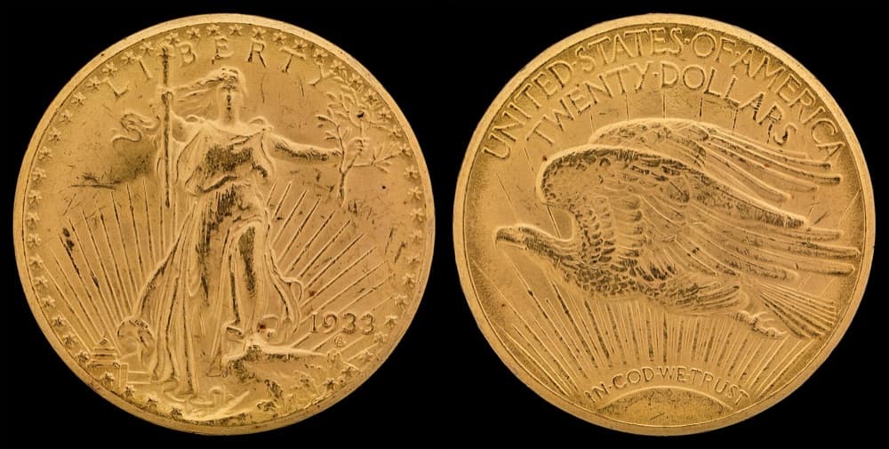 The Smithsonian Institution's National Numismatic Collection specimen of the 1933 Saint-Gaudens double eagle, obverse and reverse. The FLOAT constituent is priced on the Weitzman specimen; this is the Smithsonian's example of the same issue.