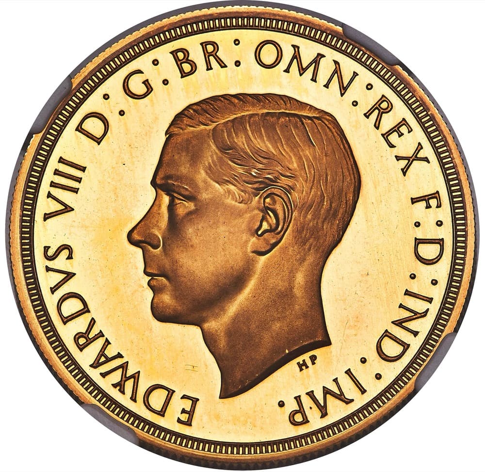 Obverse of the 1937 Edward VIII gold pattern five pounds (five sovereign), left-facing Paget portrait, EDWARDVS VIII legend — an NGC-certified PR67 Ultra Cameo example photographed at auction Auctions; the FLOAT constituent is priced on the NGC PF67 Ultra Cameo sold in Monaco in October 2021.
