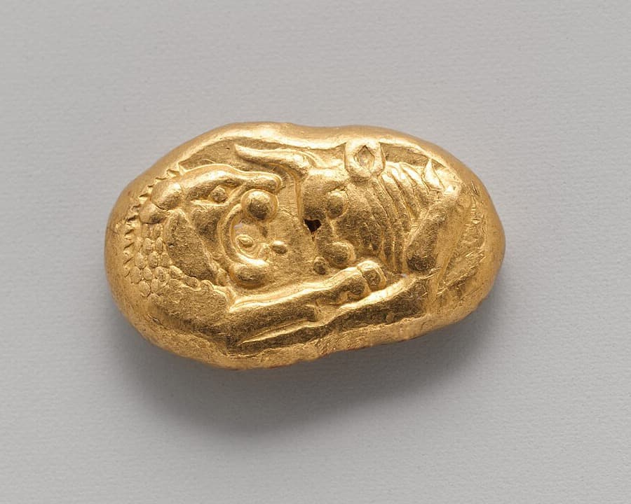 Lydian gold stater of the reign of Croesus, c. 560-546 BC, confronted lion and bull foreparts — the Metropolitan Museum of Art's example (gift of the American Society for the Excavation of Sardis, 1926), not the NGC Ancients MS★ heavy-series stater the FLOAT constituent is priced on.