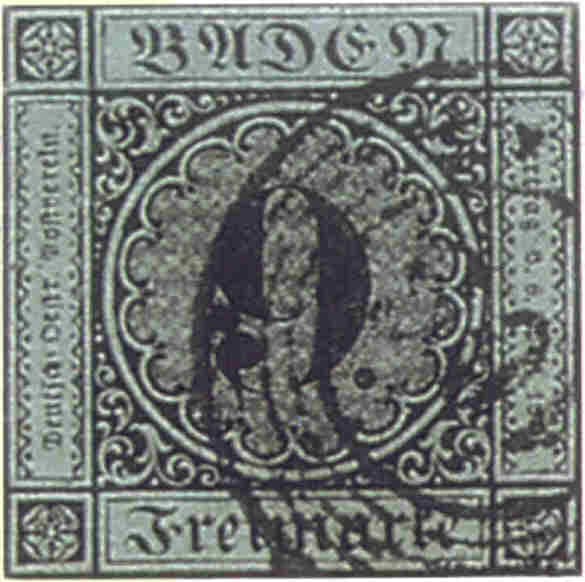 A canceled single of the 1851 Baden 9 Kreuzer printed on blue-green paper in error (only four examples known) - shown as a loose stamp, whereas the constituent's headline price attaches to the famous cover sold in 2019.