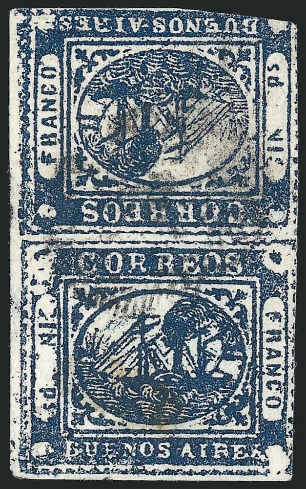 The 1859 Buenos Aires 1-peso 'In Ps' deep blue tete-beche pair, positions 33/41 with the inverted cliche of the second setting - the unique error pair this constituent prices.