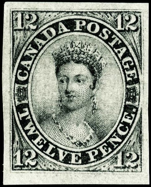 An 1851 Canada 12d black on laid paper (SG 5) - per the Commons description, the example sold by Spink Shreve Galleries in January 2011 for US$425,000; the constituent prices a mint pair, not this single.