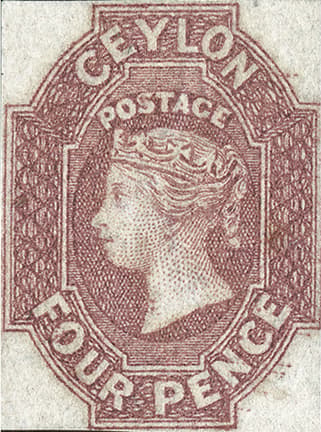 The Ceylon 'Dull Rose' - the 1857-59 Pence-issue 4d (SG 4), issued 23 April 1859 - an example of the rarity, of which ~10 mint survive.