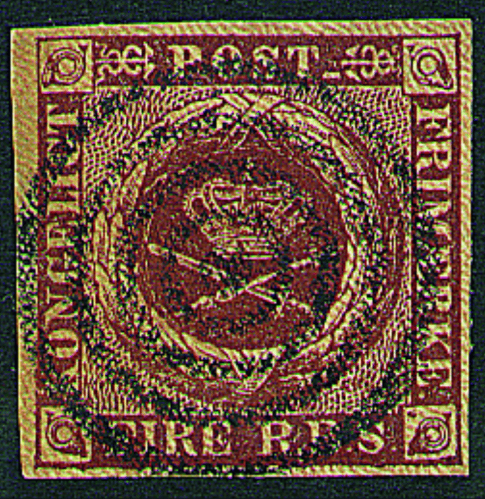Denmark's 1851 4 Rigsbank-Skilling brown 'Fire R.B.S.' - the design engraved by M.W. Ferslew; whether this copy is the Ferslew printing or the later Thiele printing is not stated by the source.