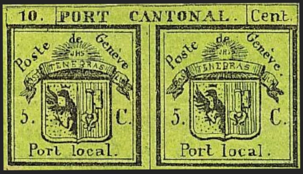 An intact 1843 'Double Geneva' - the 5+5c black on yellow-green double stamp of the canton of Geneva - an example of the issue in the intact 'double' form the record lot carries.