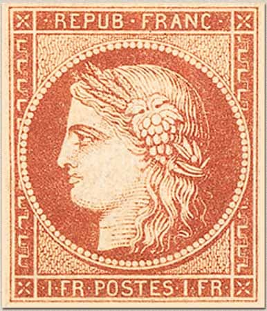 The 1849 Ceres 1-franc vermillon (Yvert 7) - an example of the shade withdrawn almost immediately after issue.