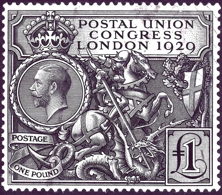 A used 1929 GBP 1 black 'Postal Union Congress' (SG 438), the St George and the dragon design by Harold Nelson - an example of the issue; the constituent prices a mint copy.