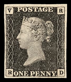 The 1840 'VR Official' Penny Black (SG V1) with V and R in the upper corners, this copy lettered R-D - an example of the unissued official (~33 possible survivors).