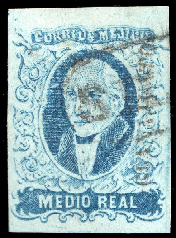 The 1856 Mexico medio-real blue Hidalgo (Scott 1) with district overprint, used - an example of the first issue, whose values each carry a district overprint as the basket identifier notes.