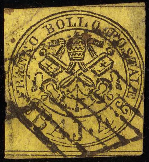 A grid-canceled 4-bajocchi of the Papal States 1852 first issue (Yvert 5), papal-arms design - an example of the issue; the unique mint sheet of 50 named by this constituent is not pictured.