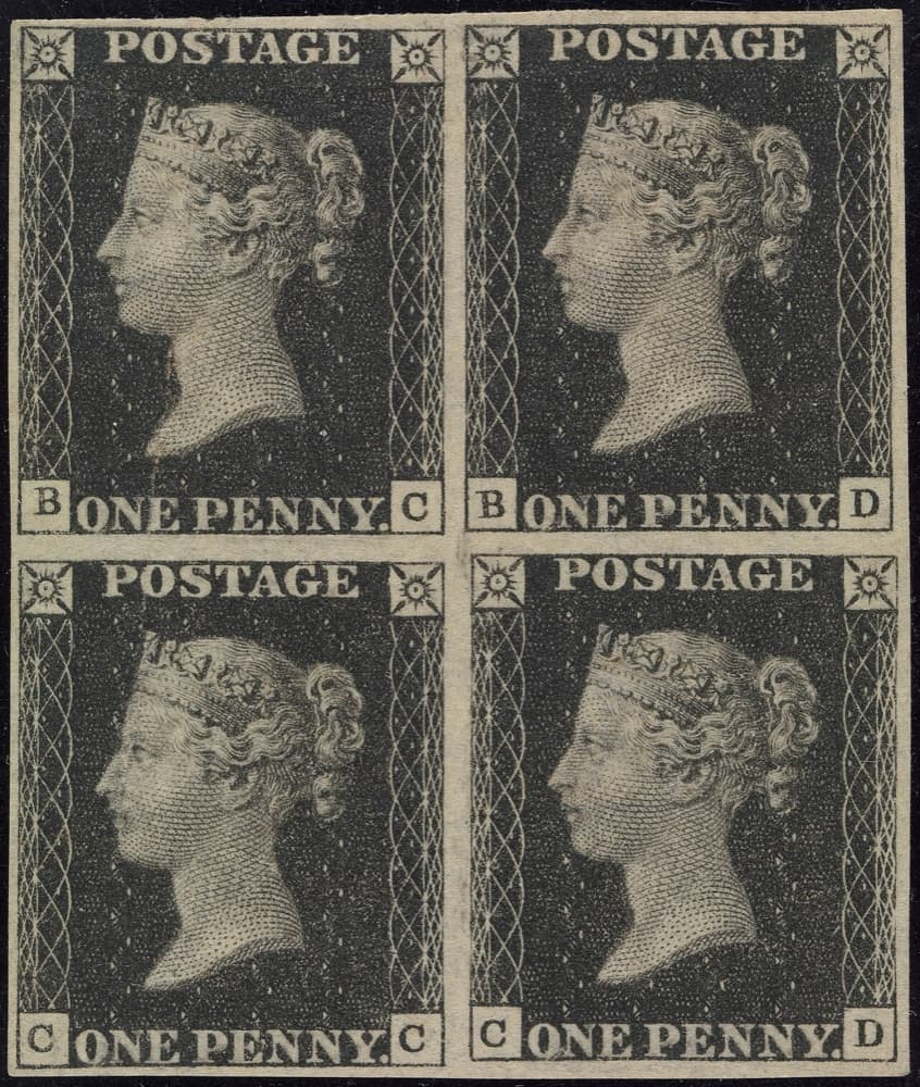 An unused imperforate block of four 1840 Penny Blacks (plate letters B-C, B-D, C-C, C-D), from the Metropolitan Museum of Art collection - examples of the issue, not the first-day cover whose 2017 sale prices this constituent.