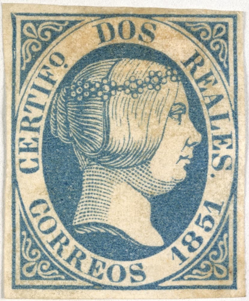 The 1851 Spanish 2-reales printed in blue instead of red - the error of color, used, one of three known - the British Library's Tapling Collection example, not necessarily the mint copy priced by this constituent.