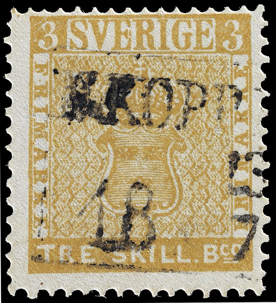 The unique Treskilling Yellow itself - Sweden's 1855 3-skilling banco misprinted in yellow instead of blue-green; the only known example, used, with partial town cancels.