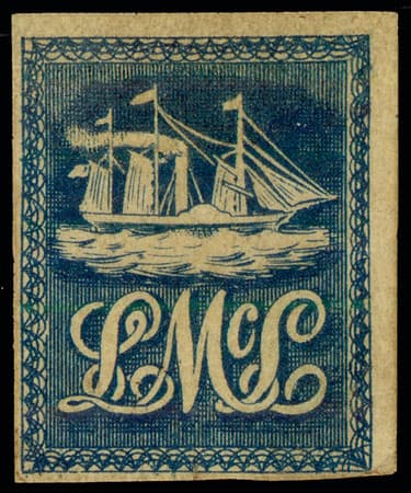 The 1847 'Lady McLeod' 5c blue ship local of Trinidad, showing the LM steamship vignette - an example of the issue.