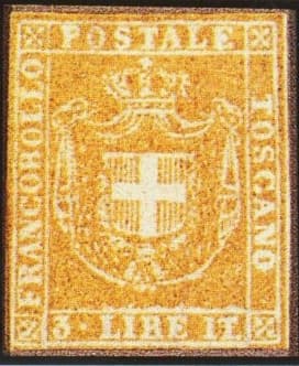 The 1860 Tuscany 3 lire ochre (Scott 23 / Sassone 20) - the top value of the provisional-government issue, of which only a handful of unused examples survive.