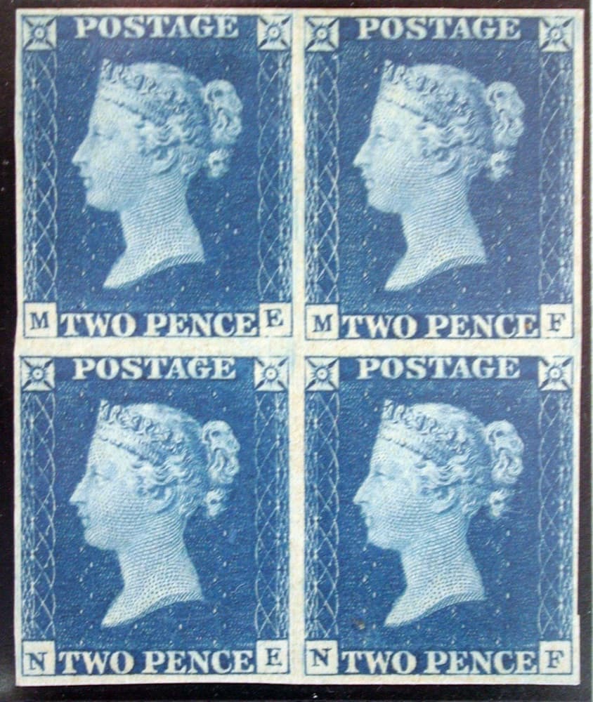 An unused imperforate block of four 1840 Two Penny Blues (plate letters M-E, M-F, N-E, N-F), from the Metropolitan Museum of Art collection - examples of the first-state issue without white lines.