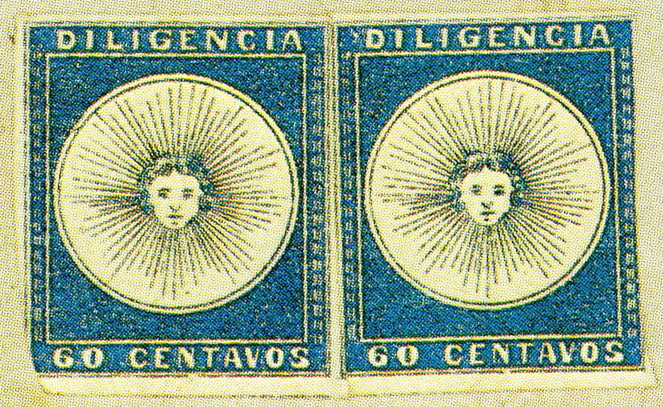 An unused pair of the 60-centesimos blue Diligencia stagecoach issue - the 1857 Type II printing (Michel 4), from a cover to Salto - an example of the Diligencia issue, not the 1-real key value.